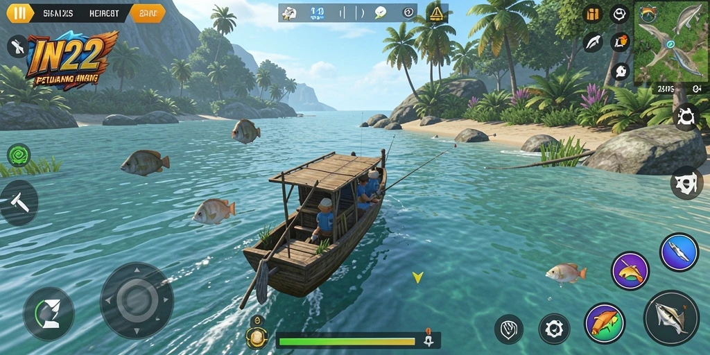 Screenshot dari gameplay IN22 menunjukkan momen seru saat memancing.