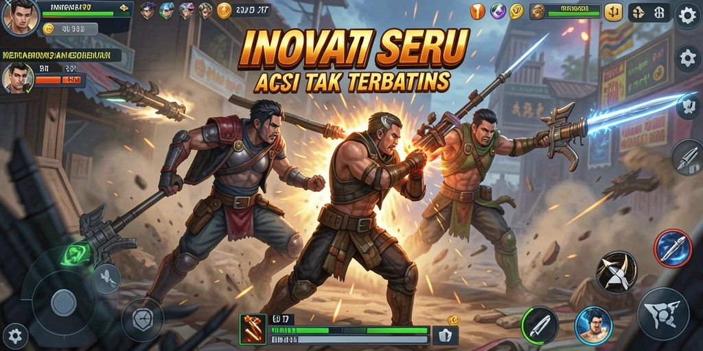 Tampilan gameplay pertarungan INOVA77 yang seru dan mendebarkan.