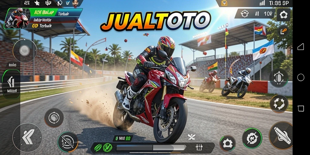 Screenshot dari gameplay menarik di JUALTOTO yang menampilkan balapan motor seru.