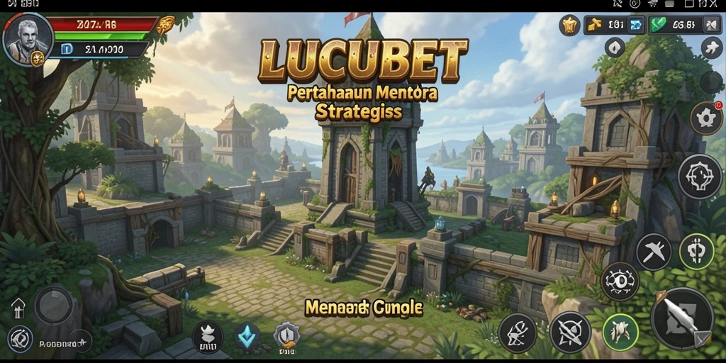 Screenshot gameplay LUCUBET yang menampilkan strategi menara dan aksi pertahanan.