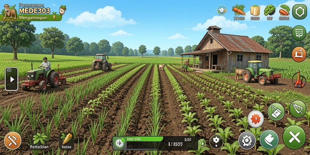 Tampilan gameplay yang menarik dalam MODE303, menunjukkan aktivitas bertani yang seru.