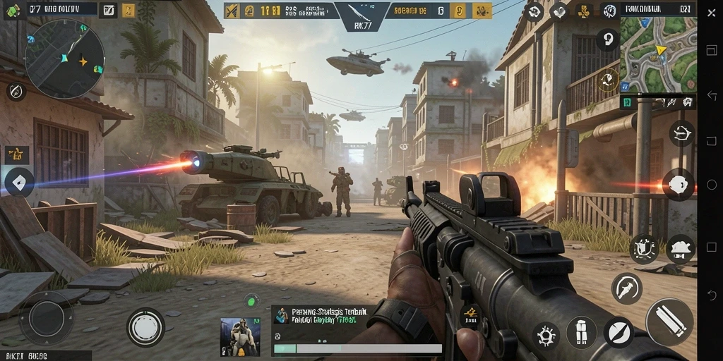 Screenshot game RK77 yang menampilkan aksi seru dalam pertempuran TPS.