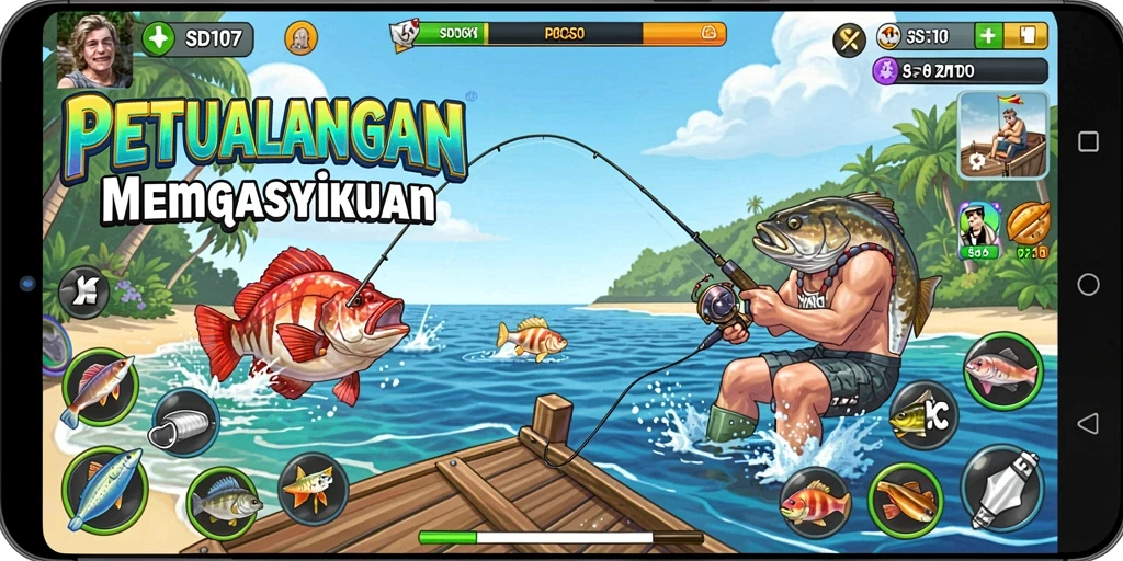 Screenshot gameplay SD107 menampilkan aksi memancing yang mendebarkan.